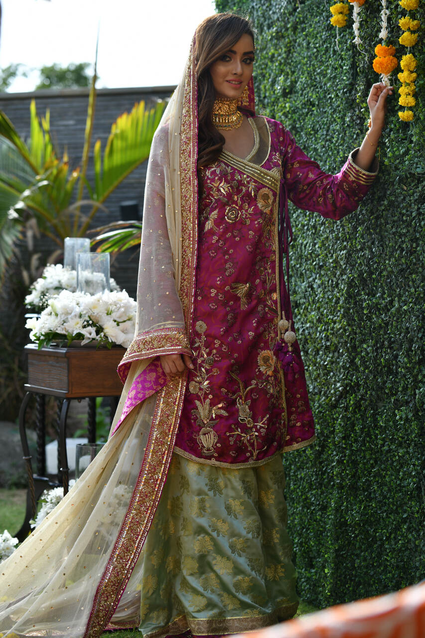 Pink Jamawar Angarkha with mint dhaka pajama