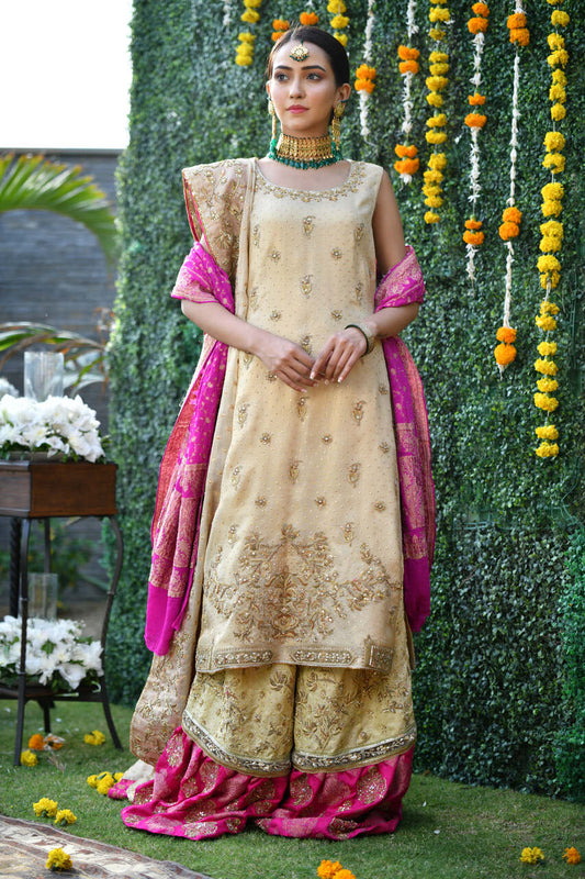 Olive Green and Pink Frashi Gharara