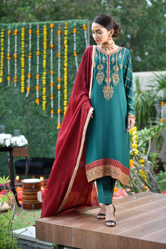 Teal with Maroon Dupatta