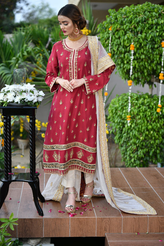 Maroon raw silk with net dupatta