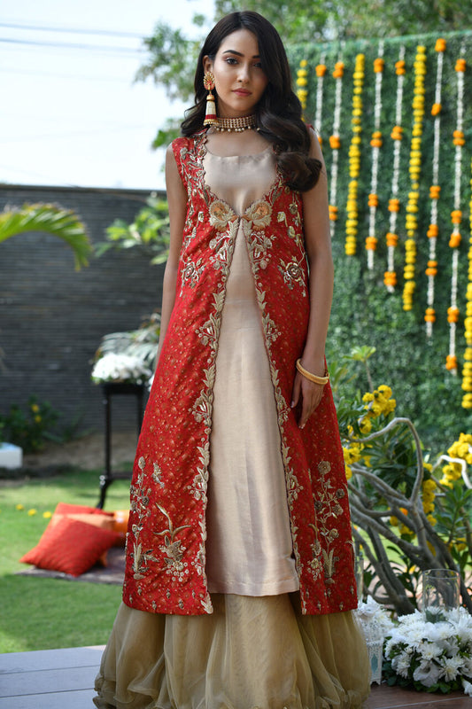 Rusty Red Jamawar front open coat with golden net lehenga