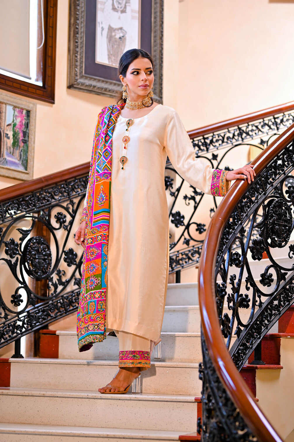 Off-White with Multi-coloured dupatta