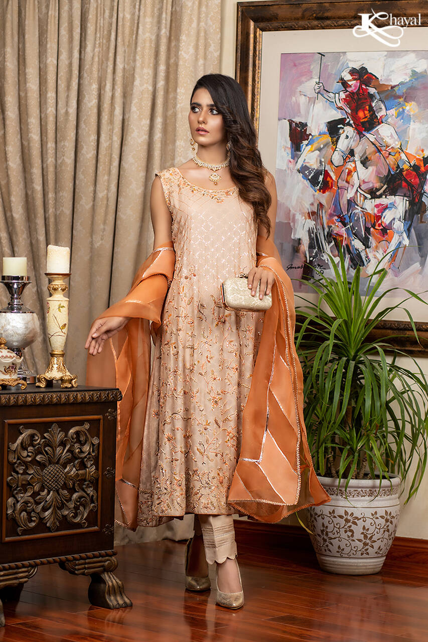 Beige with peach tissue dupatta