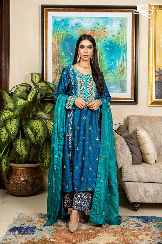 Dark blue jamawar with sea green katan dupatta