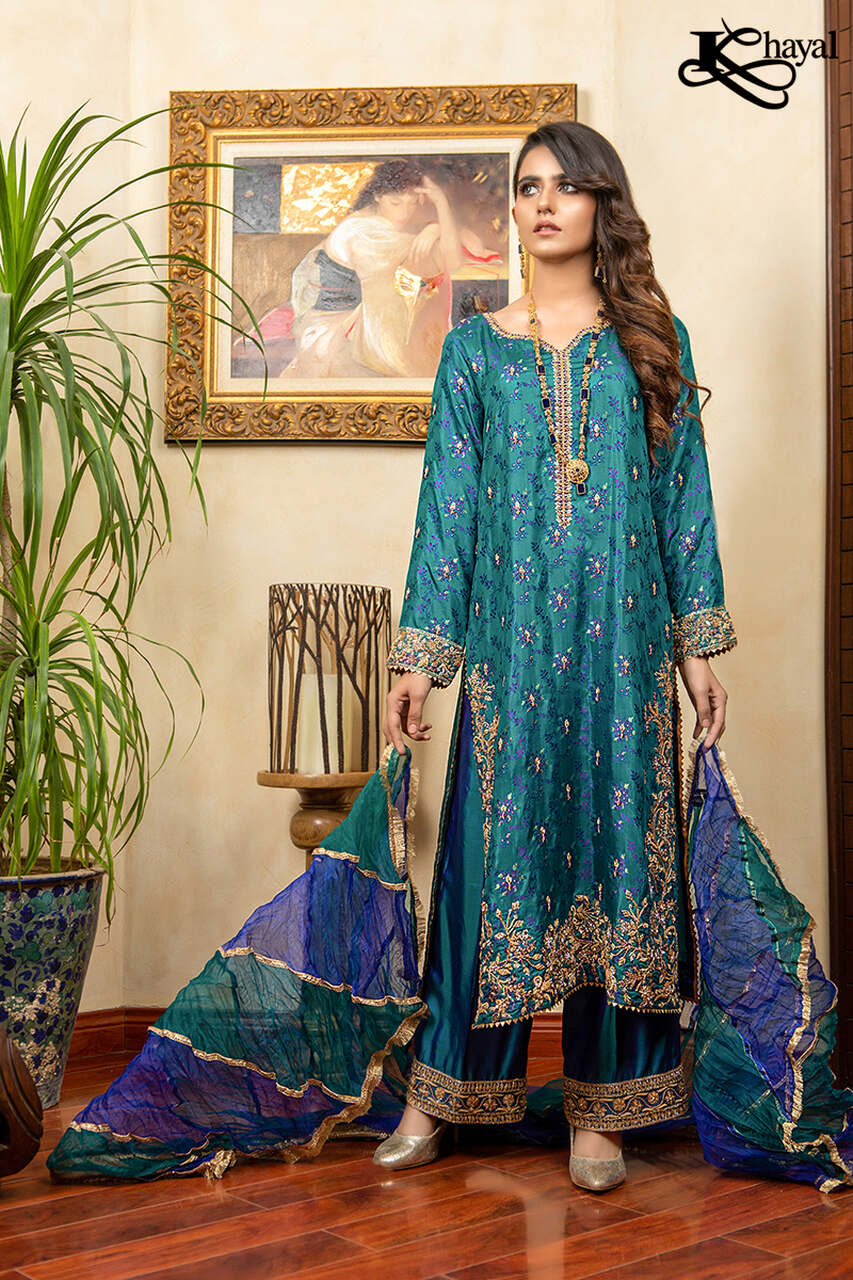 Turquoise jamawar with royal blue culottes