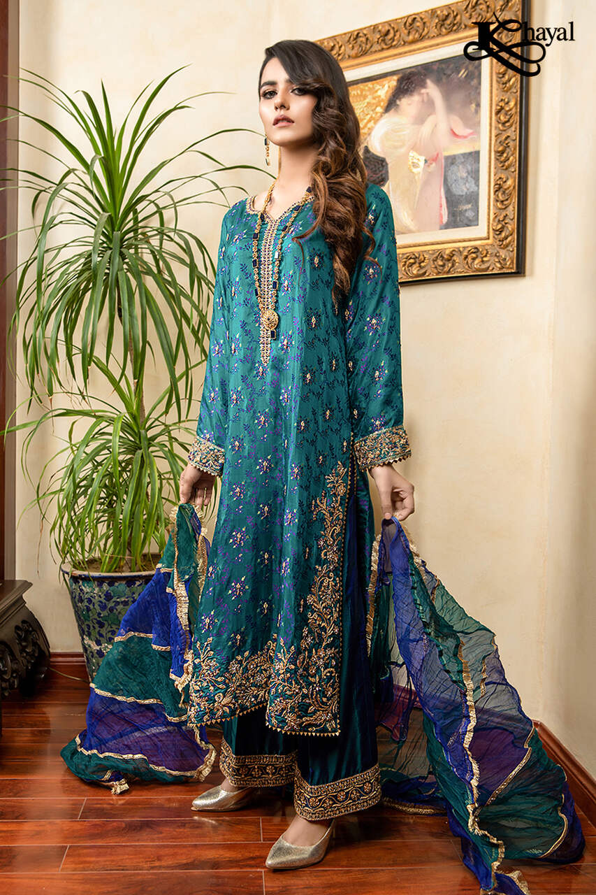 Turquoise jamawar with royal blue culottes