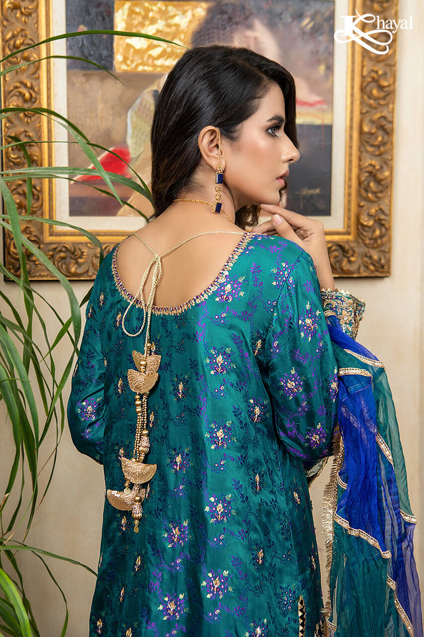 Turquoise jamawar with royal blue culottes