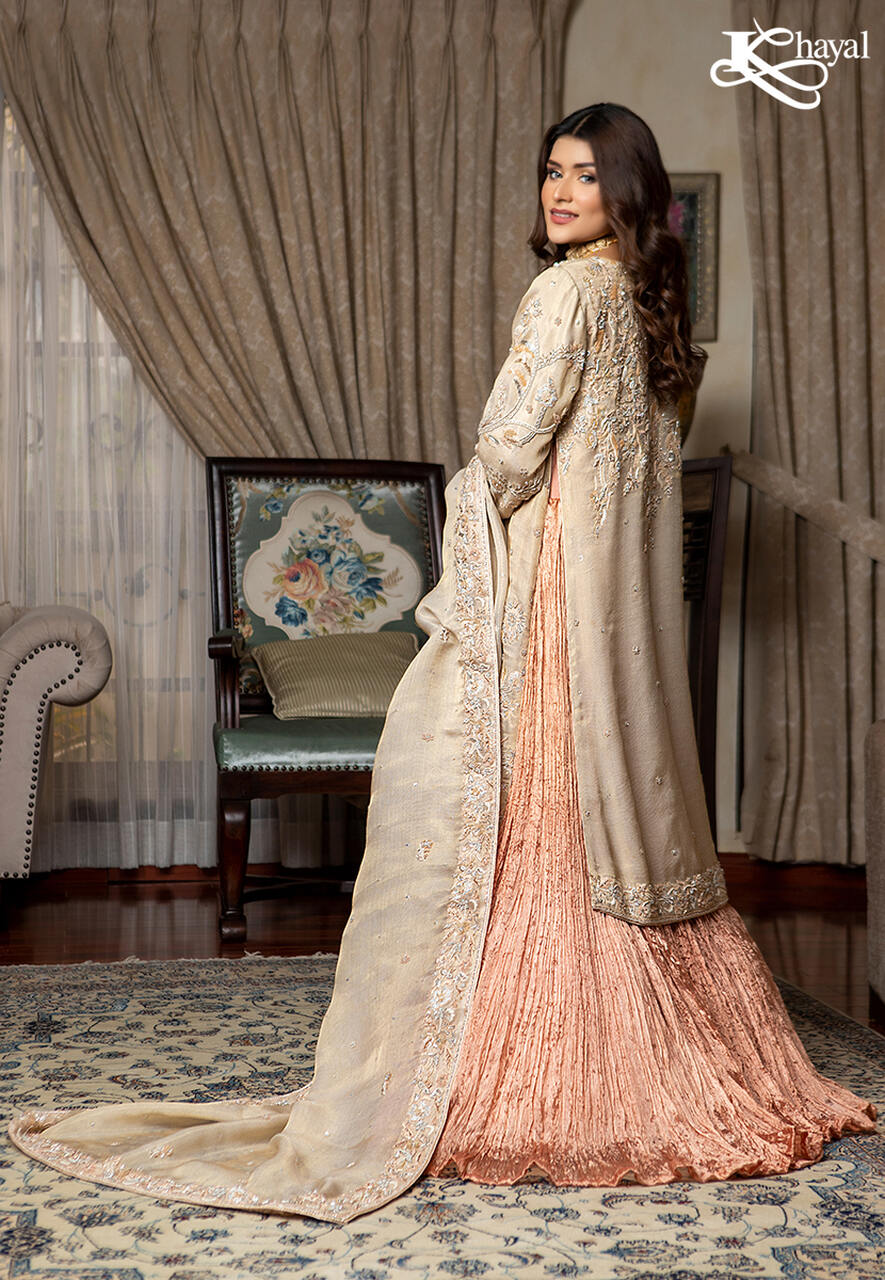 Champaign front open coat with peach crinkle lehenga