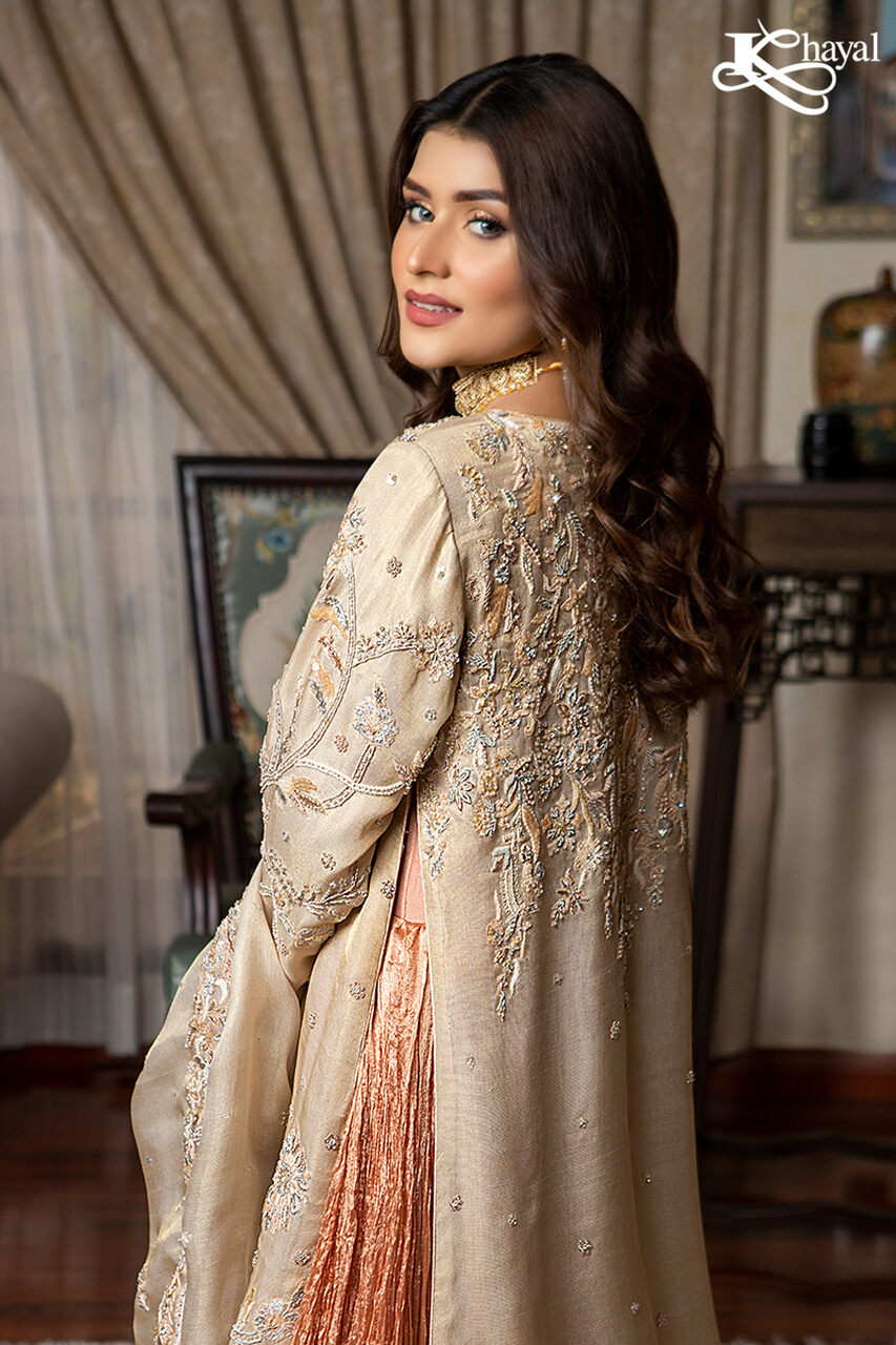 Champaign front open coat with peach crinkle lehenga